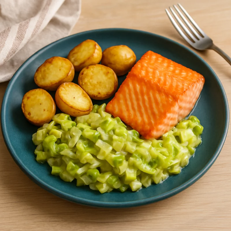 Recette Saumon rôti, fondue de poireaux et pommes de terre grenaille