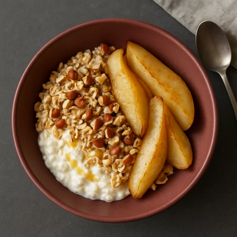 Recette Bowl de fromage blanc, poire rôtie et noisettes