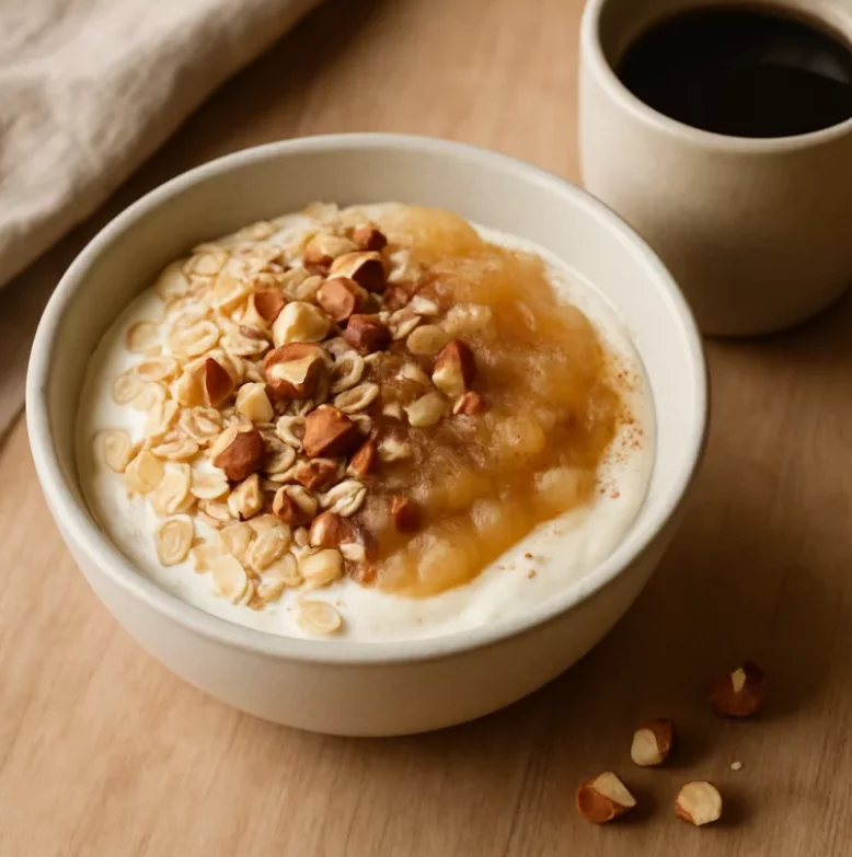 Recette Fromage blanc, compote de pomme et éclats de noisettes